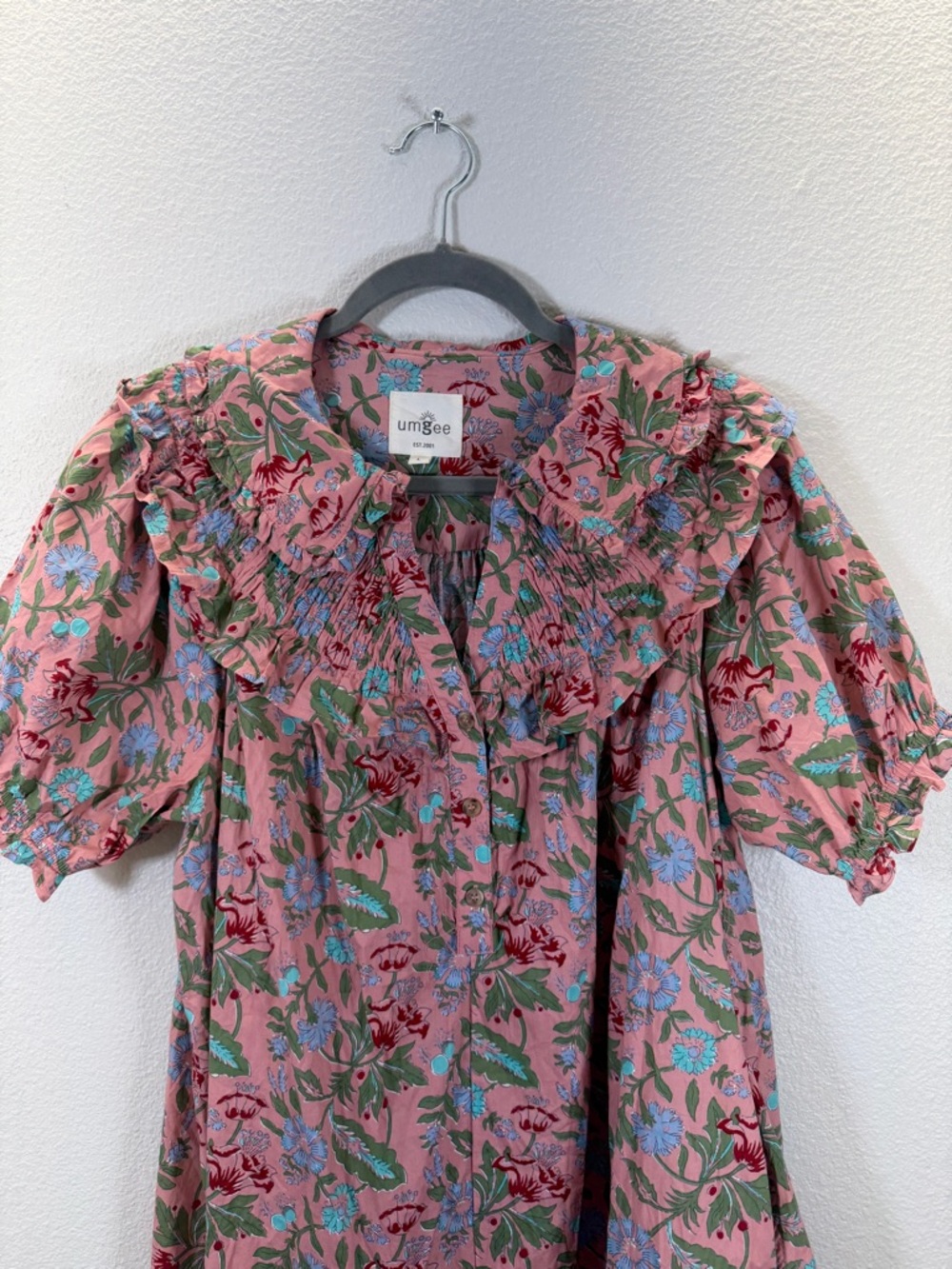 Umgee Pink Floral Ruffle Neck Casual Dress - Picture 6 of 10